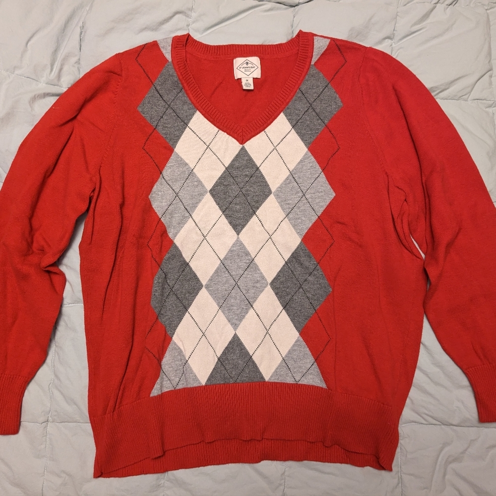 St Johns Bay Red/Gray/White Argyle Knit Sweater Women's 1X